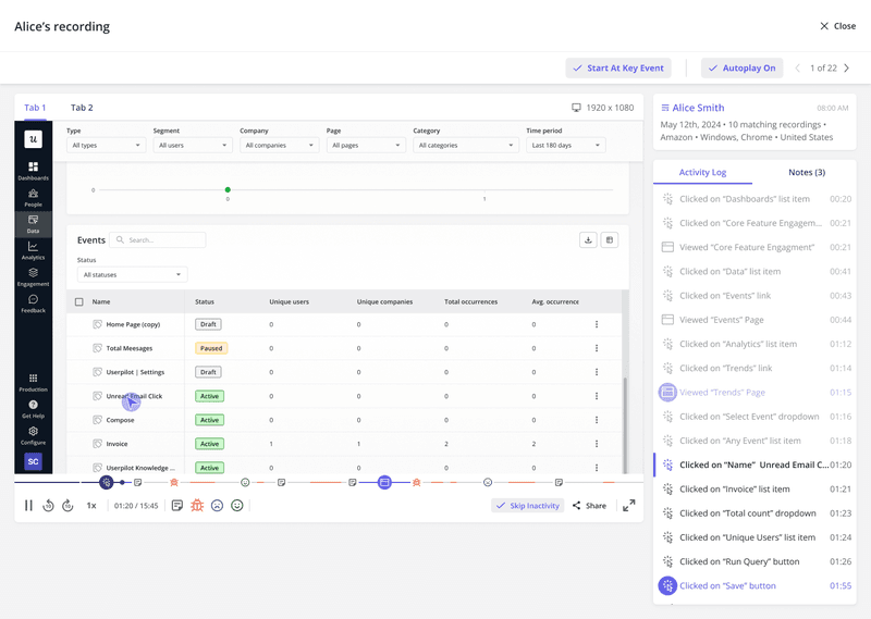 watch session replays on Userpilot as a data visualization tool