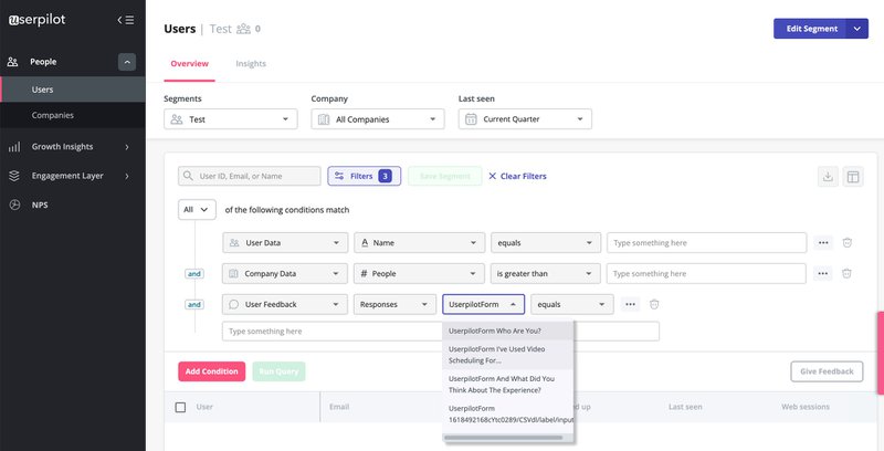 A screenshot of Userpilot and the many options to segment customers