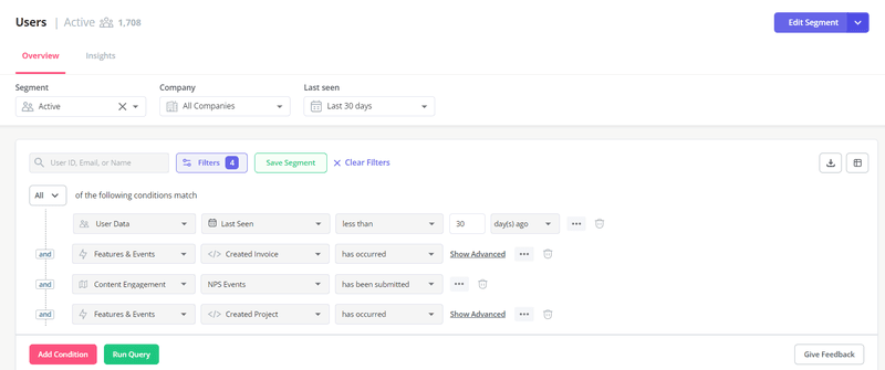 A screenshot showing user segmenting in Userpilot, part of business analytics