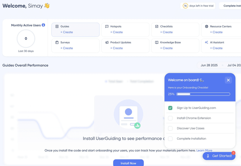 UserGuiding’s main dashboard with an onboarding checklist.