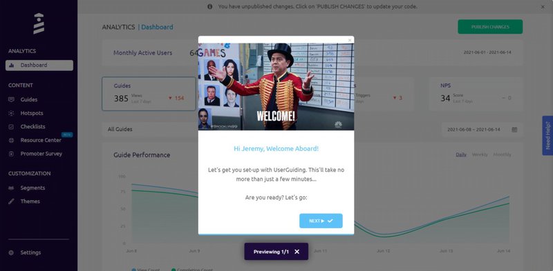 UserGuiding retention management dashboard