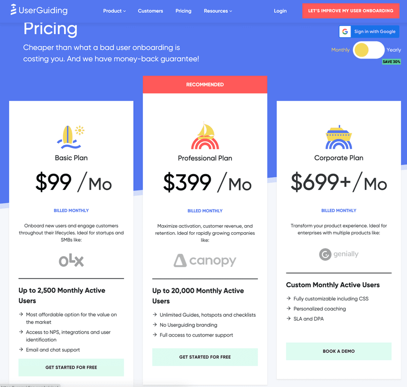 Screenshot of UserGuiding prices