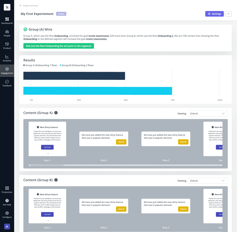 Userpilot A/B testing and experimentation dashboard