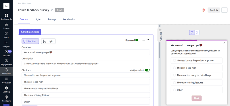 churn feedback survey in Userpilot
