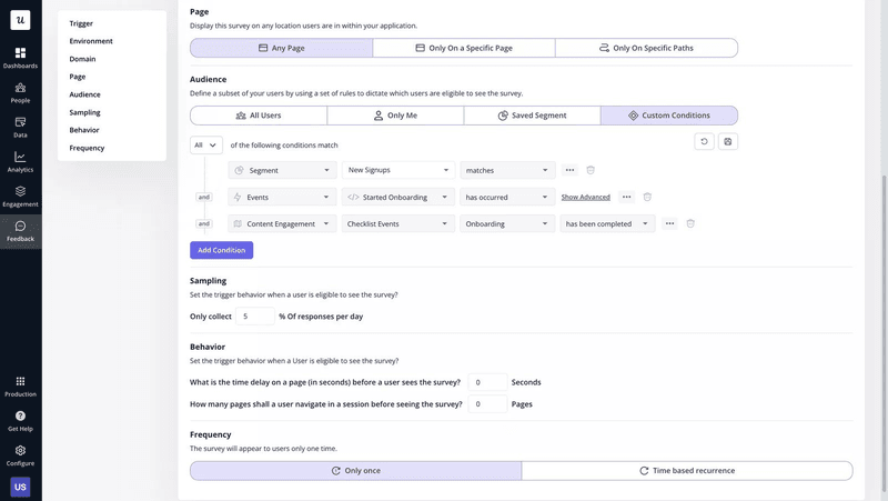 Setting survey triggers in Userpilot.