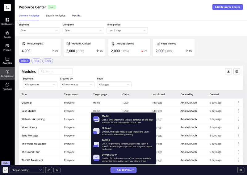 Build a flow with a variety of UI patterns on Userpilot.