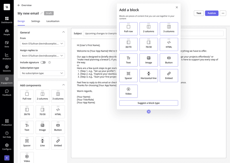 Userpilot’s visual email builder.