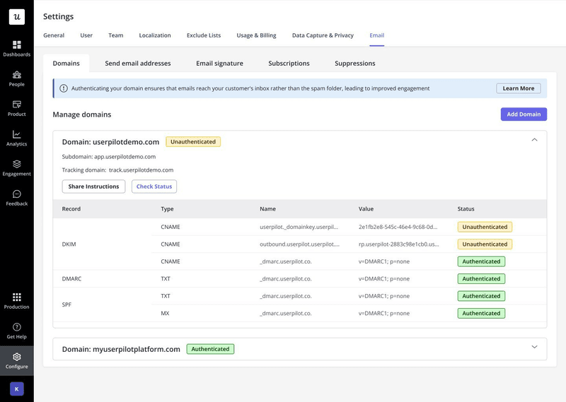 With Userpilot, you can set up different domains for sending transactional emails.