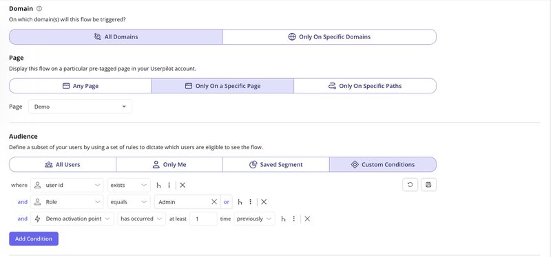 Userpilot flow targeting settings with domain, page, and custom audience segmentation