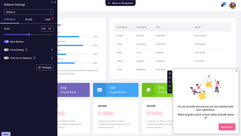 Userpilot slideout and in-app message interface