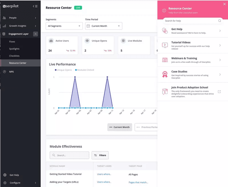 Userpilot’s in-app resource center.