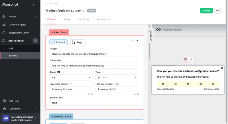Userpilot in-app survey dashboard