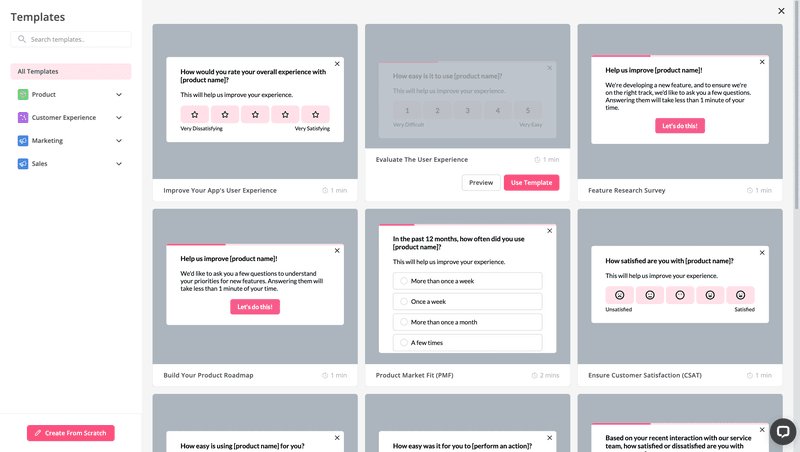 Userpilot in-app survey template library