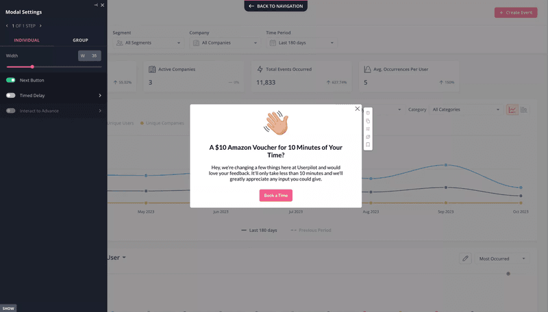 Use in-app modals to invite users to interviews.