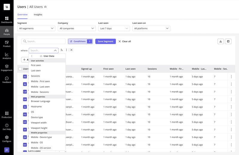User segmentation settings in Userpilot for mobile onboarding