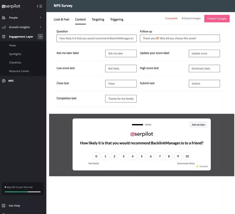An NPS survey builder in Userpilot