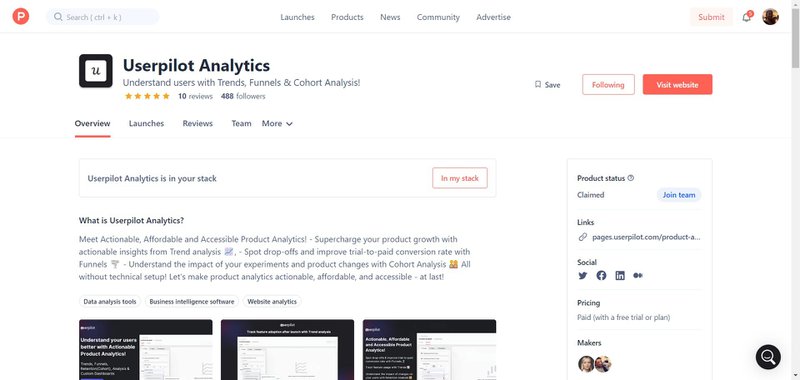 Userpilot analytics Product Hunt launch.