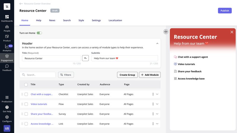 Userpilot, a SaaS product, section where you can create a resource center