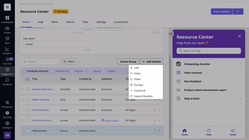 Types of modules in Userpilot’s resource center.