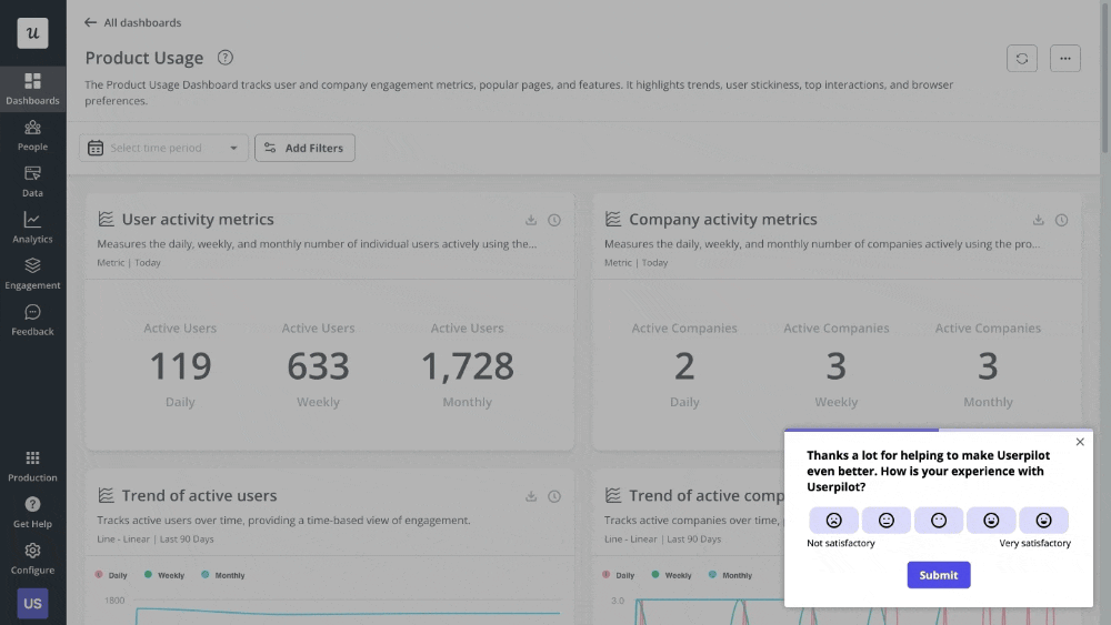 A simple GIF showing how in-app surveys look like when created with Userpilot.
