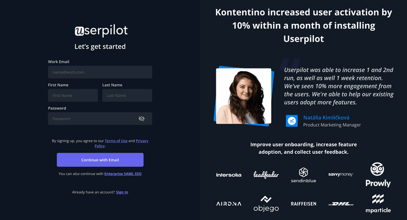 Userpilot’s signup flow with client testimonials.