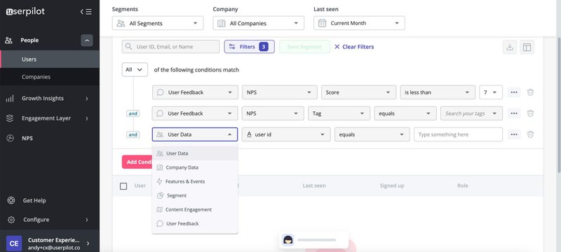 A screenshot showing how you can segment users in Userpilot