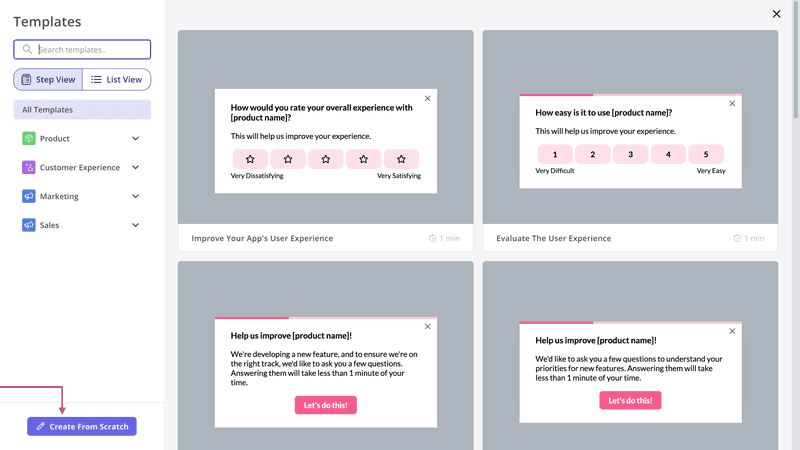 Userpilot’s survey template library.
