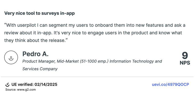 G2 Userpilot testimonial for in-app surveys