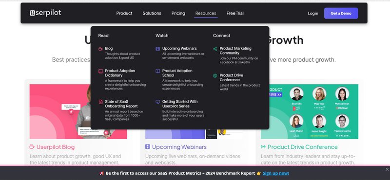The resource menu from the Userpilot website showing the range of customer education resources