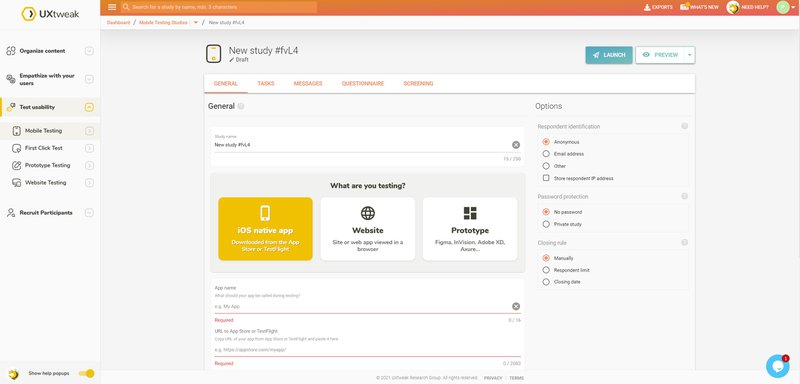 uxtweak mobile testing setup
