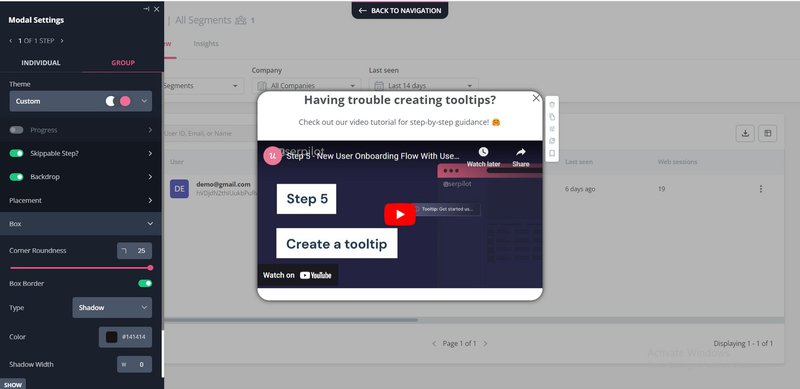 A screenshot of a Userpilot modal showing a video tutorial