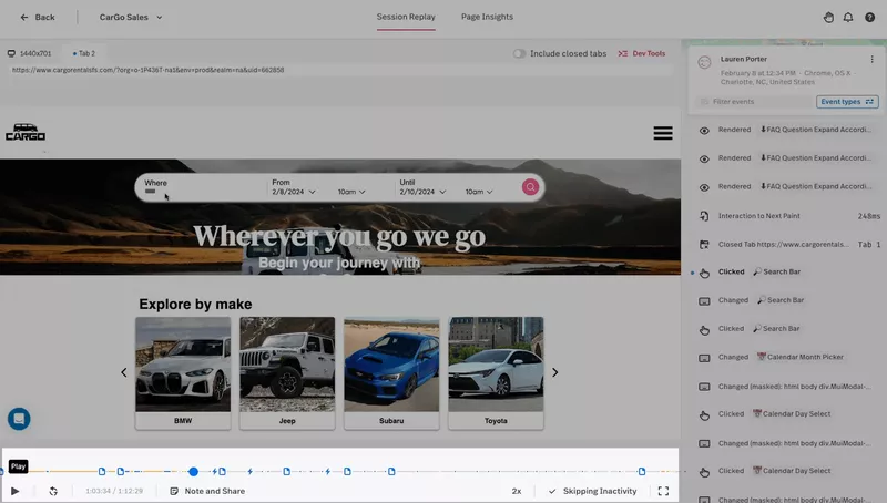 Fullstory session replay viewing controls