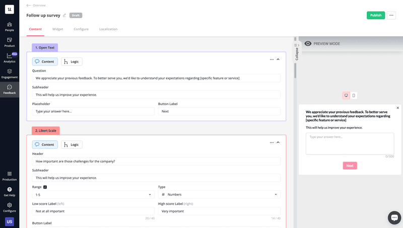 Voice of customer follow-up survey dashboard