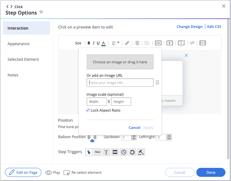 WalkMe step editor interface showing image upload and formatting options for in-app walkthroughs.