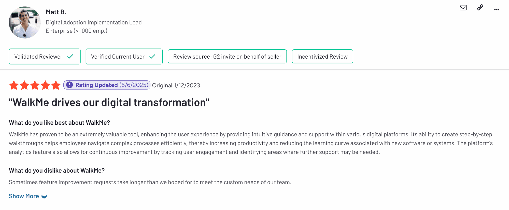 User review for WalkMe.