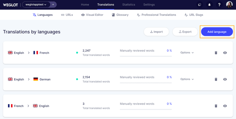Weglot website localization tool dashboard