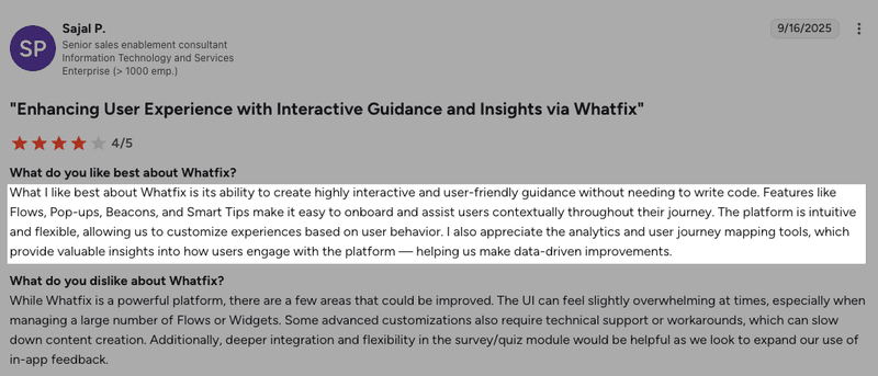 Whatfix reviews praising the product analytics and the ease of use of Whatfix