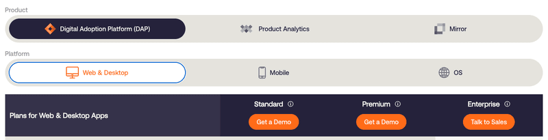 Whatfix pricing separating standard, premium and enterprise individually for web, mobile, and OS. It also has separate pricing for DAP, product analytics, and the mirror features one of the main negative points mentioned in Whatfix reviews