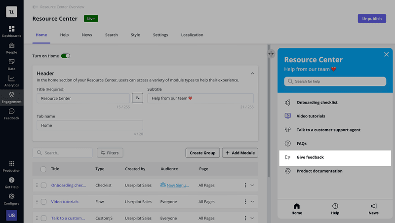 Feedback widget in Userpilot resource center