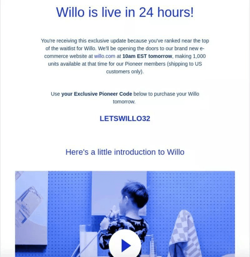 Willo’s new e-commerce website launch email.