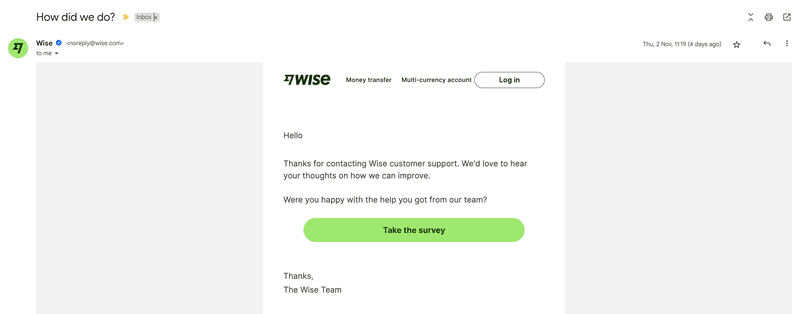 Wise voice of customer email survey
