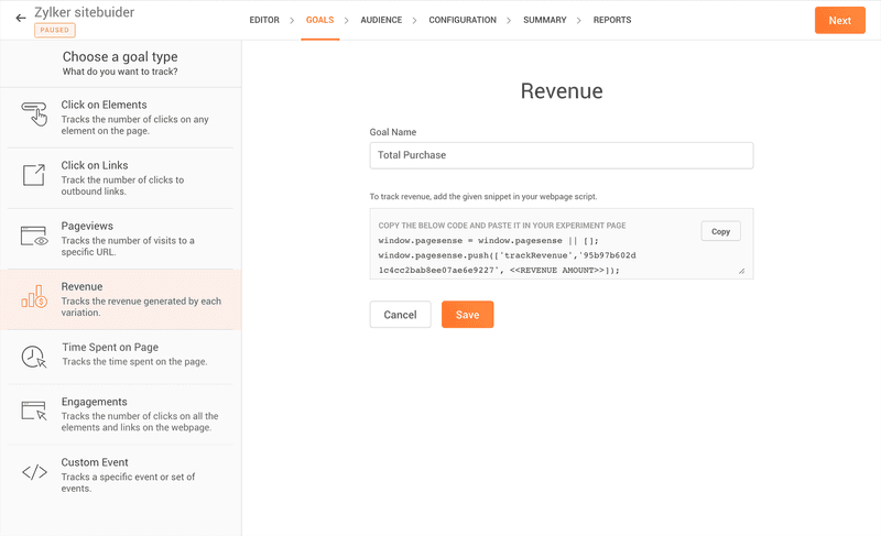 Zoho PageSense A/B testing tool