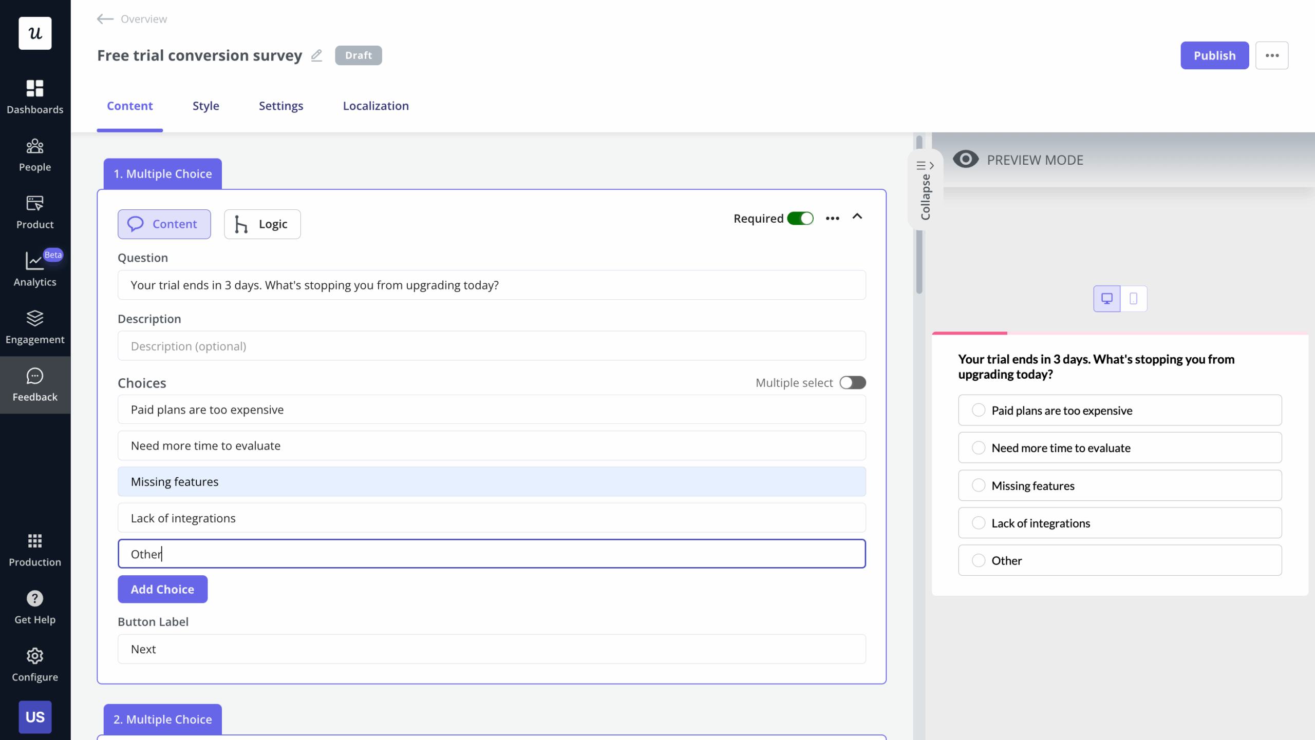 In-app survey for free trial users 