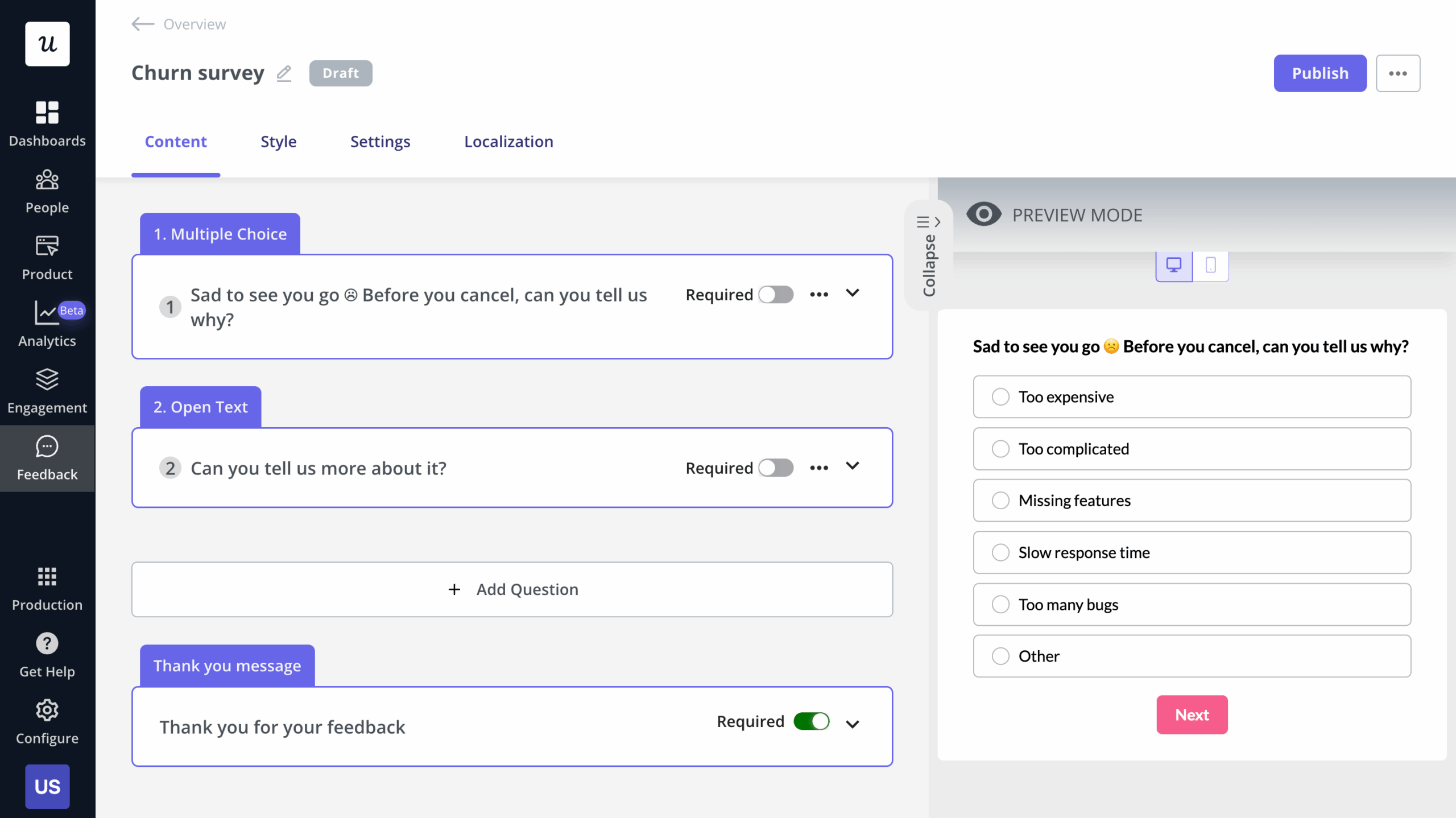 Churn survey created in Userpilot