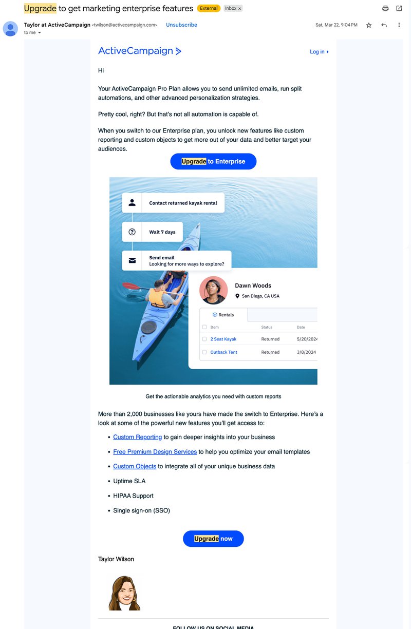 ActiveCampaign email promoting enterprise plan upgrade