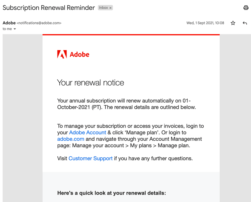adobe renewal email notification