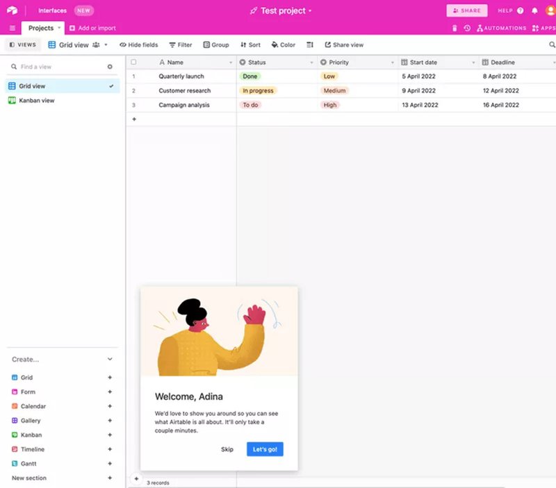 A screenshot of onboarding UX examples from Airtable regarding their slide outs