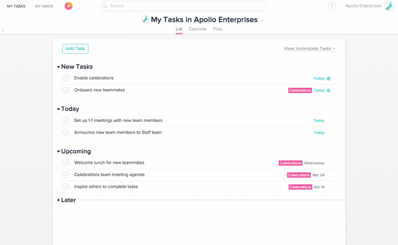 Asana rewards task completion with fun animations.