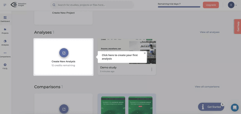 Attention Insight guides users to create their first heatmap analysis.