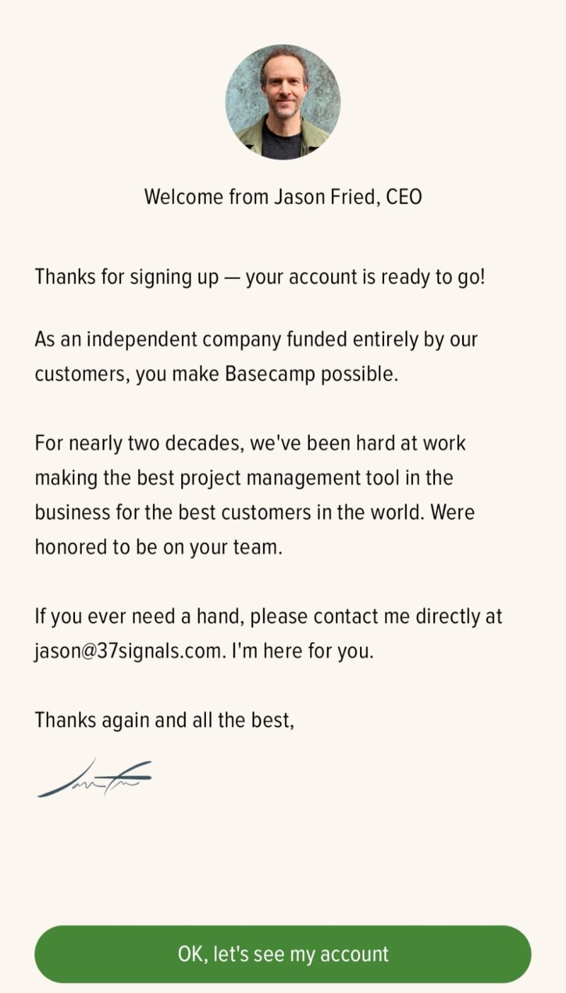 Basecamp's CEO's message for new users during onboarding